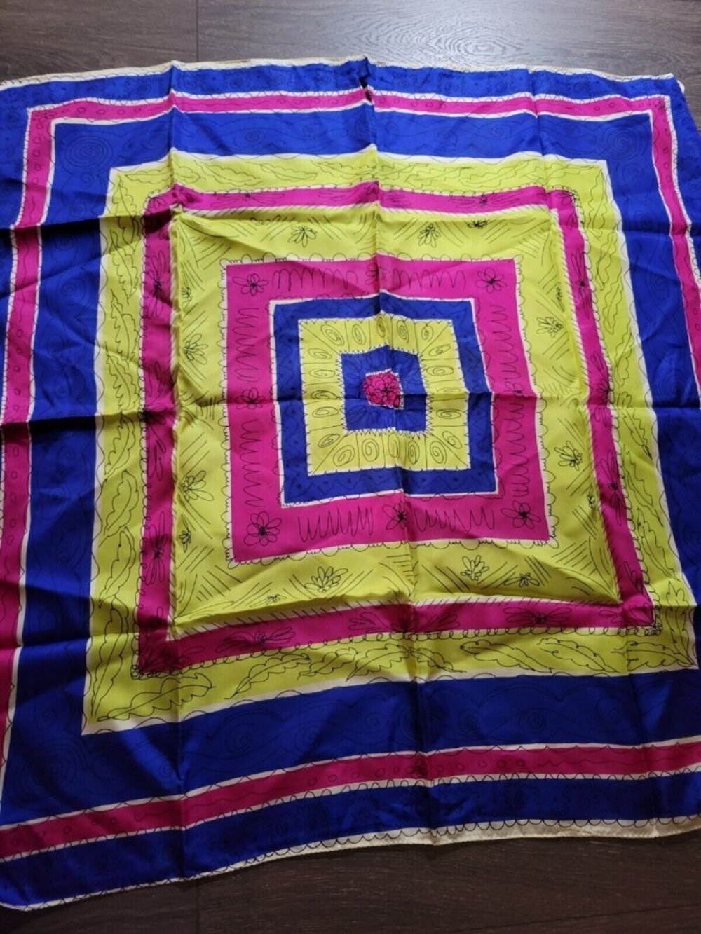 Silky Acetate Heavyweight Scarf Pink Blue Lime Squares Squiggles Abstract Japan